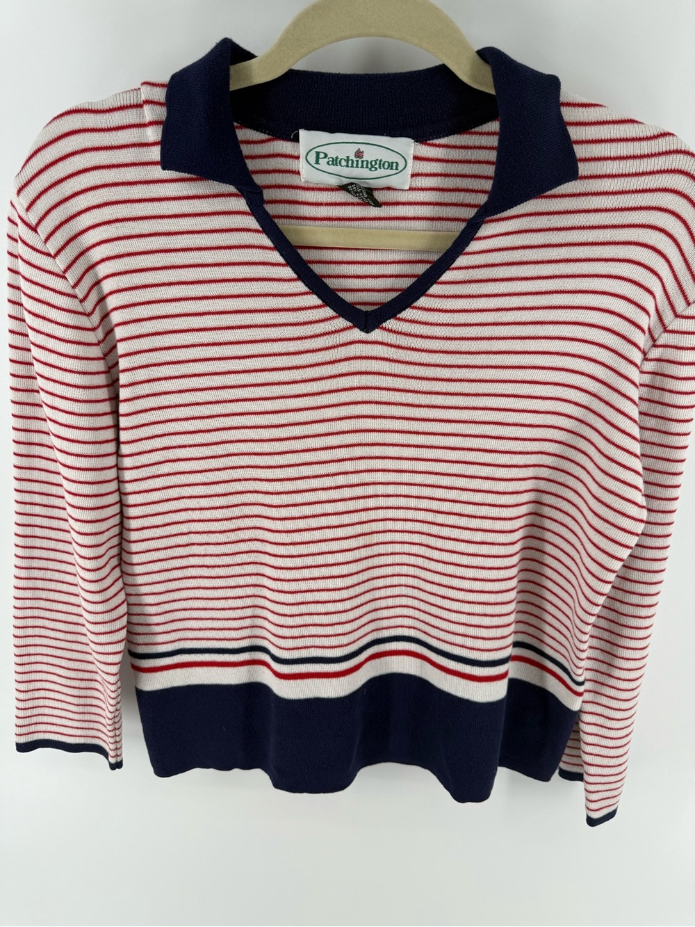 Patchington Vintage Red White and Blue Striped V-Neck Sweater, 4th of July
